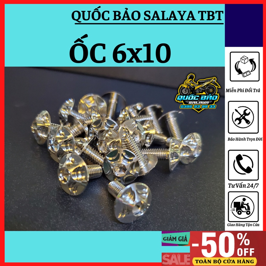 SALAYA TBT Ốc 6x10 đầu dù inox 304 2 ngôi sao gắn carte ốp pô và nhiều vị trí trên xe