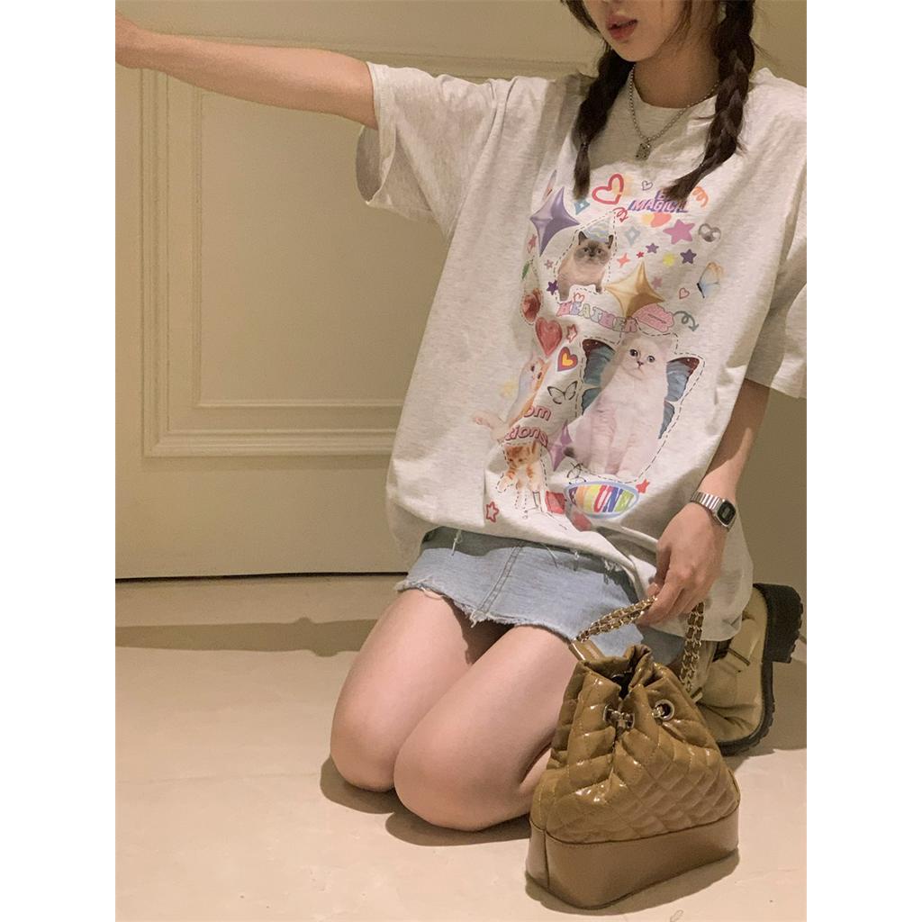 Áo Thun Cotton Dáng Rộng Ngắn Tay In Hình Mèo Dễ Thương Phong Cách Mới 62885