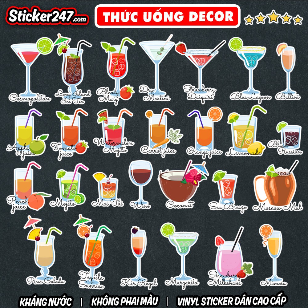 Sticker hình dán thức uống 𝑭𝒓𝒆𝒆𝒔𝒉𝒊𝒑 trang trí decor quán cà phê, quán bar, trà sữa, quán nước - Set 27 ly nước