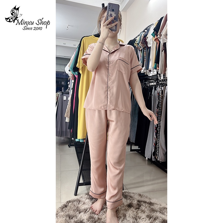 Bộ đồ ngủ pijama, bộ lụa quần dài áo ngắn tay màu trơn thiết kế viền cách điệu trẻ trung lịch sự Minxu Shop PT02