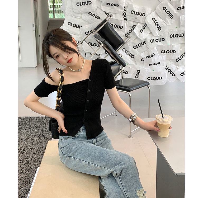 Aespa Karina Red Velvet Joy Áo Thun Dệt Kim Dáng Ôm Hở Vai Tay Cộc Bằng Lụa Băng Thời Trang Hàn Quốc Cho Nữ
