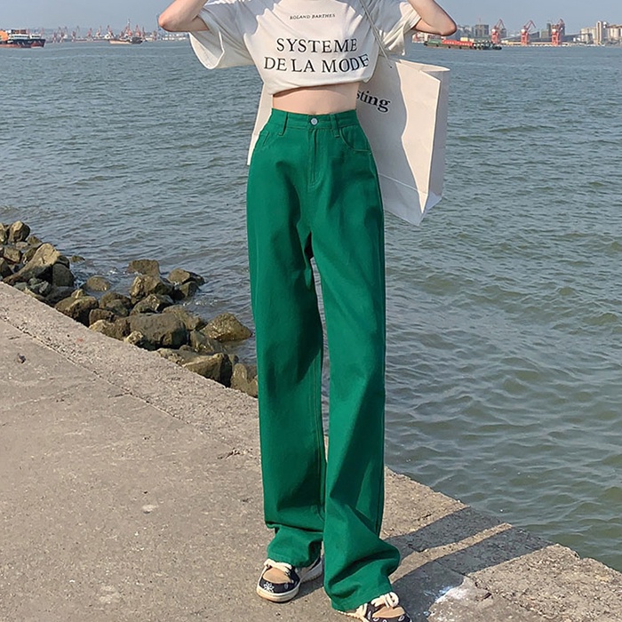 SUXI Quần Jean Nữ Ống Rộng Lưng Cao Màu Sắc Đơn Giản