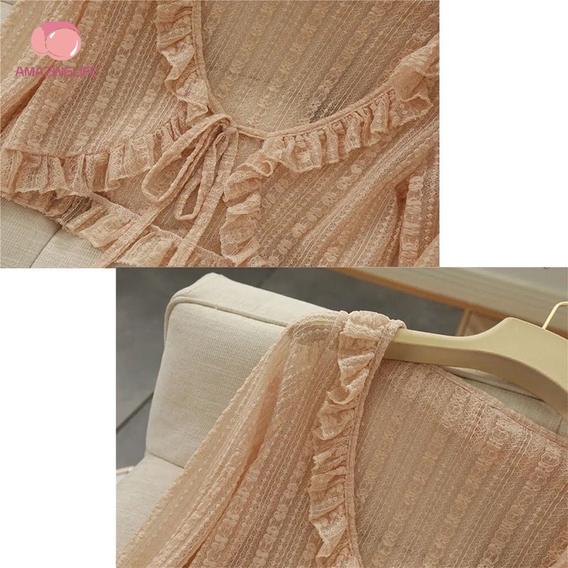 Áo Khoác Cardigan Dài Tay Cổ Chữ V Phối Ren Thời Trang Mùa Hè Hàn Quốc Cho Nữ