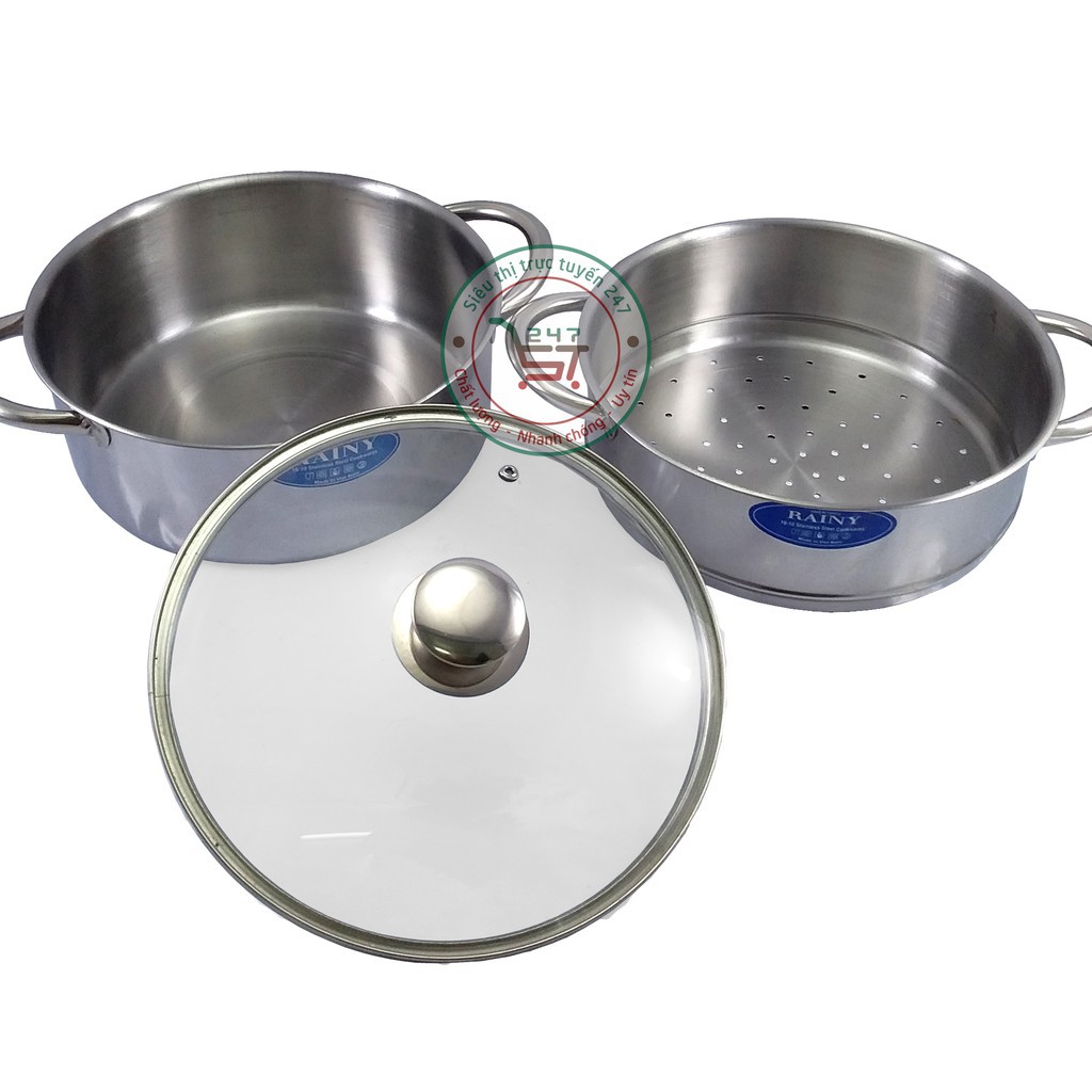 Bộ nồi xửng inox 24 cm nắp kính bền đẹp sáng bóng