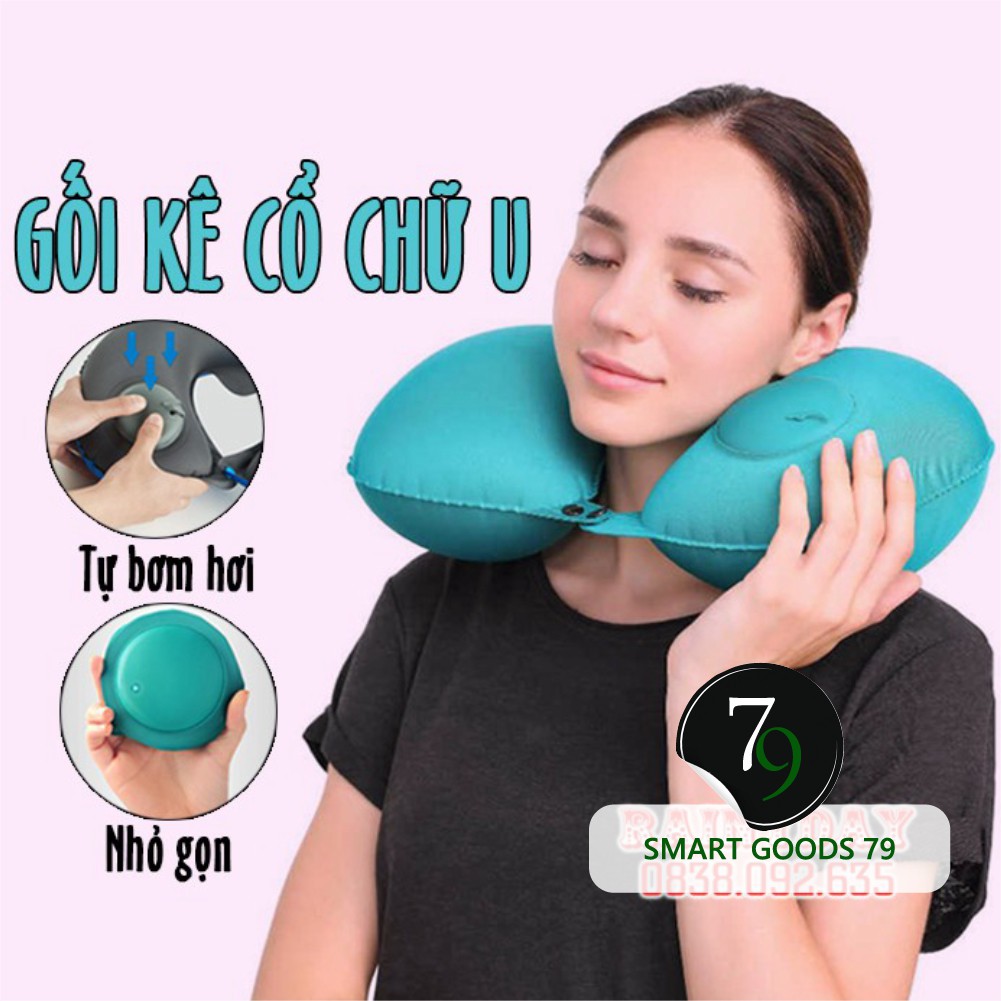 [Freeship 248] Gối hơi kê tựa cổ chữ u tự bơm hơi du lịch để ngủ văn phòng đi xe hơi ô tô máy bay bằng vải gấp gọn