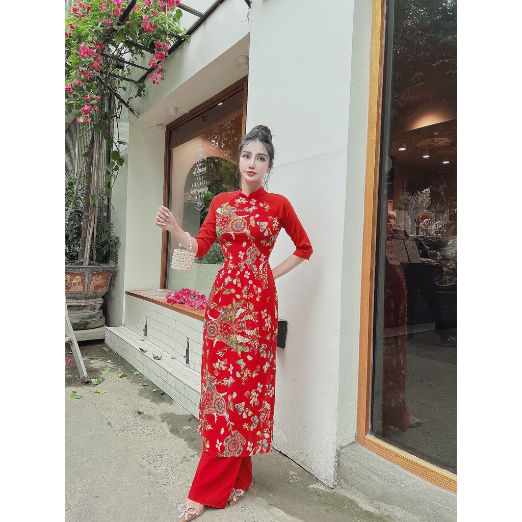 Áo dài cổ điển họa tiết hoa tay phối lạ mắt - AD0109