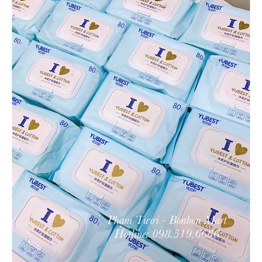 Khăn ướt yubest nội địa trung gói 80 tờ phân phối chính hãng Bonbon Mart