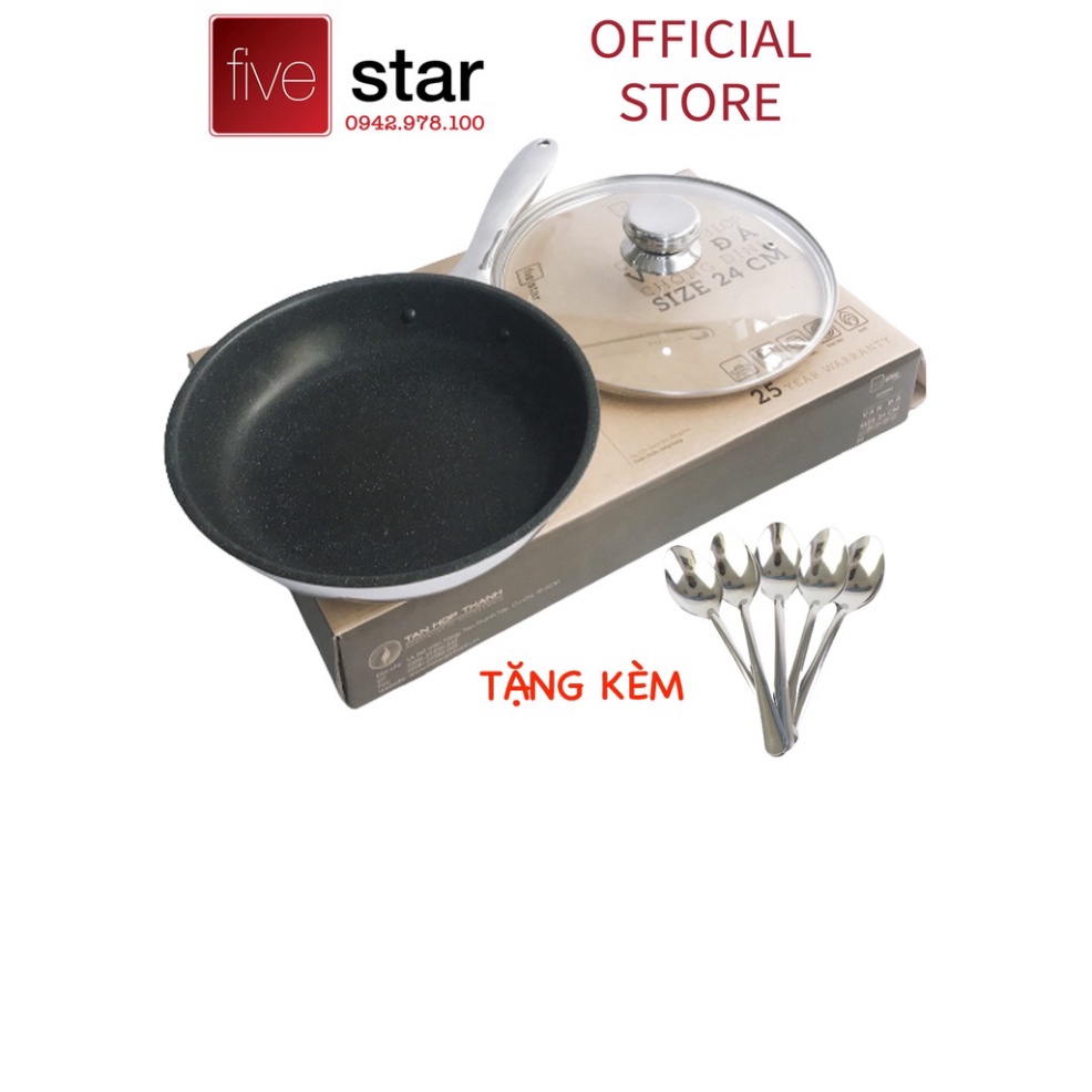 Chảo chống dính vân đá 3 lớp đáy liền inox 304 cao cấp Fivestar Plus có nắp kính  (22cm/24cm/26cm/28cm), tặng 5 muỗng ăn