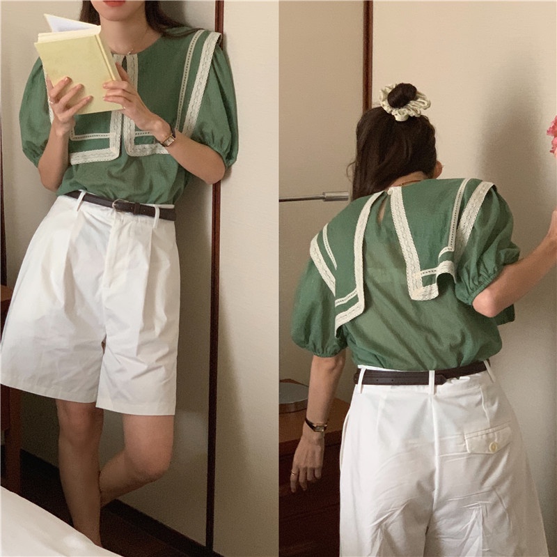 Áo Sơ Mi Kẻ Sọc Ngắn Tay Cổ Bẻ Phối Ren Cỡ Lớn Phong Cách Retro 53588