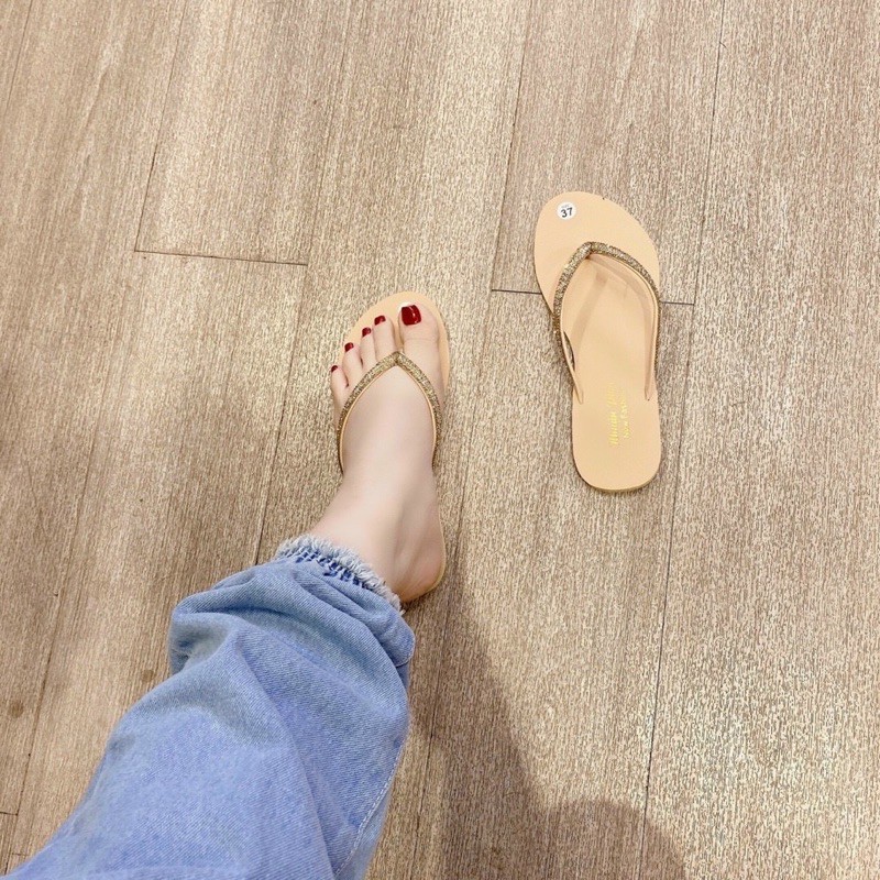 Dép lê bệt nữ đế bằng kẹp xỏ ngón đính đá xoàn lấp lánh sang chảnh HALEY STORE