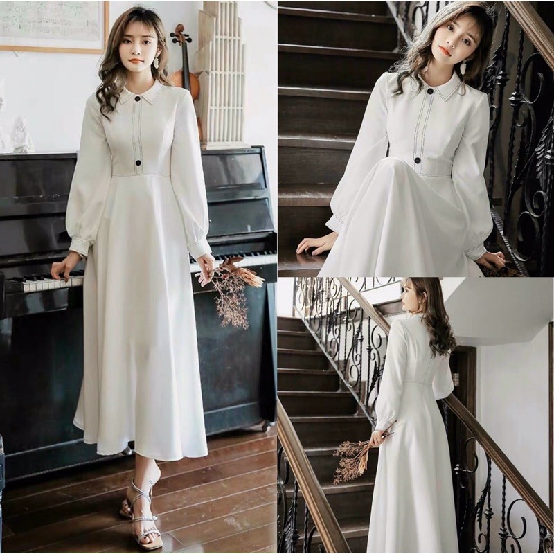 Đầm maxi trắng phối viền dài tay hàng loại 1 (ảnh thật trãi sàn)