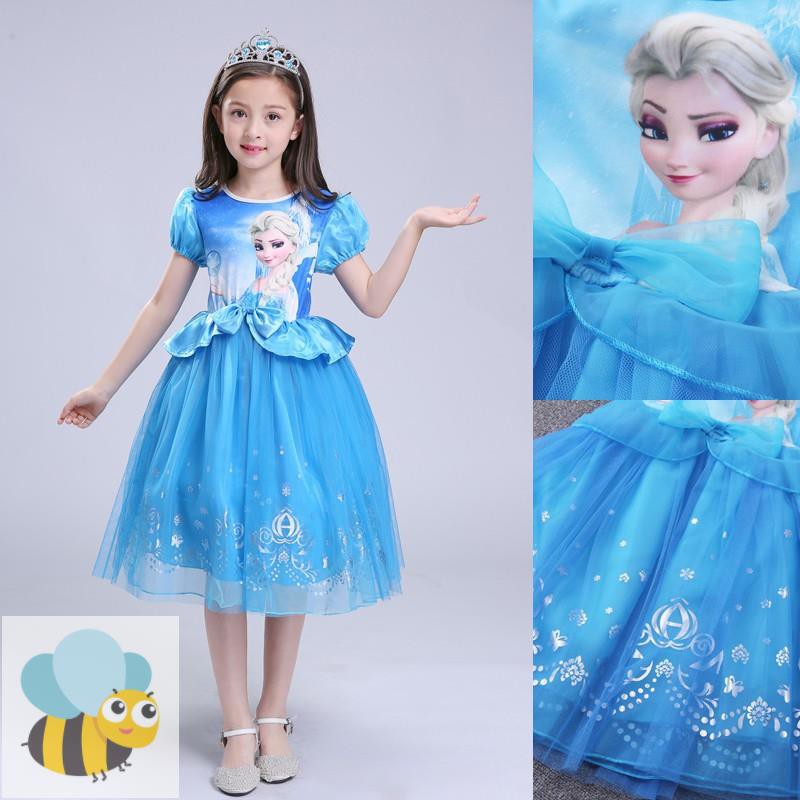 Disney Đầm Công Chúa Elsa Anna Bằng Cotton Phối Lưới Thời Trang Mùa Hè Cho Bé Gái