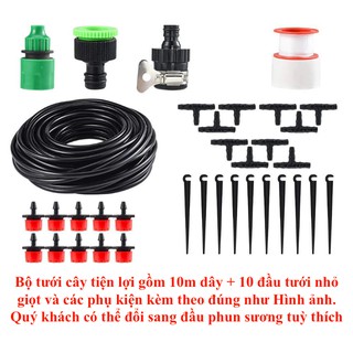 Bộ tưới nước, tưới cây, làm mát tiện lợi gồm 10 đầu tưới phun sương hoặc giọt 8 tia và 10m dây dẫn cùng đầy đủ phụ kiện