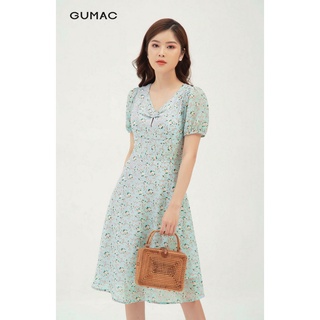 Đầm xòe nữ họa tiết hoa nhún ngực GUMAC màu xanh, đủ size DB380