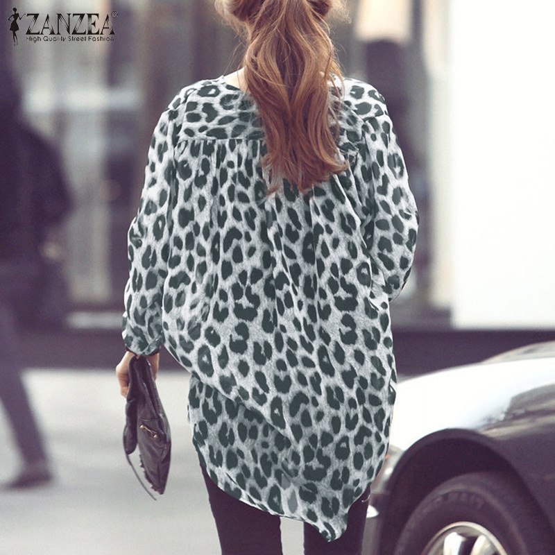 Áo sơ mi nữ Zanzea cổ chữ V tay dài họa tiết da báo thời trang