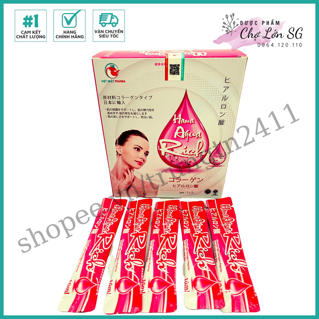 Nước uống cấp ẩm HANA AQUA RICH giúp căng bóng da, giảm lão hóa, giúp da sáng mịn - Hộp 20 gói