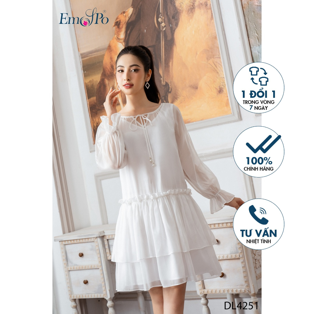 Đầm cổ tim Emspo thắt nơ cổ, bèo tầng chân váy DL4251