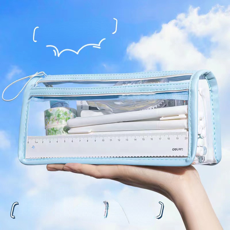 Túi Đựng Bút Hai Lớp Trong Suốt Sức Chứa Lớn Phong Cách Nhật Bản