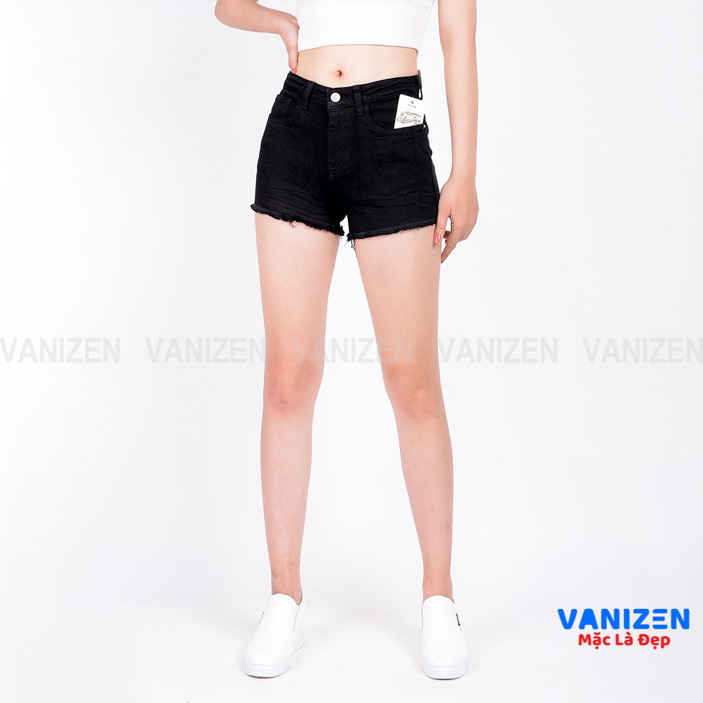 Quần short jean nữ ngắn đẹp lưng cao cạp cao đen trắng trơn gấu tua rua hàng hiệu cao cấp mã 441 VANIZEN