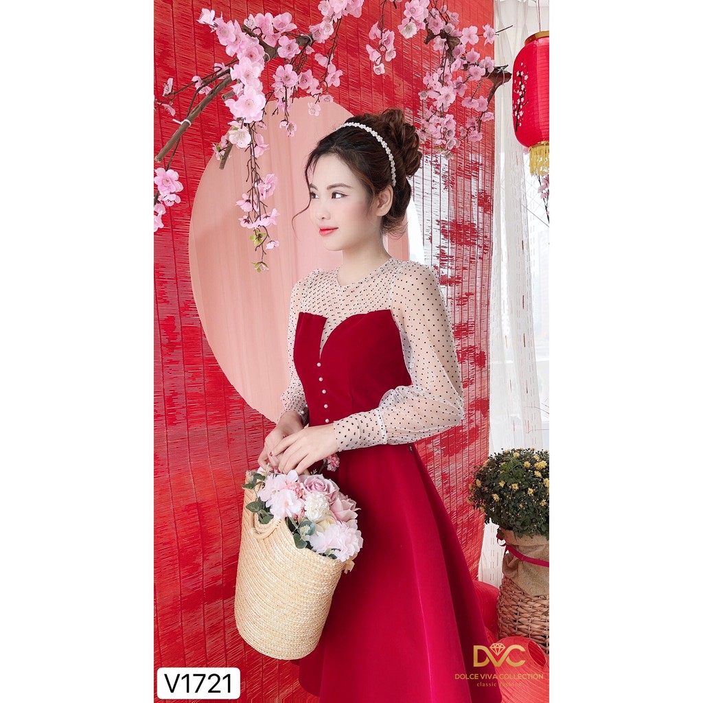 Váy nhung đỏ tay phối ren V1721 - DVC Dolce Viva Colection Authentic ( Ảnh mẫu và ảnh trải sàn do shop tự chụp )