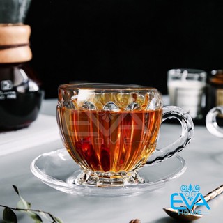 Bộ 6 tách thuỷ tinh hoạ tiết sọc khía stripe glass cup kèm 6 dĩa thuỷ tinh sang trọng zb246 m3175