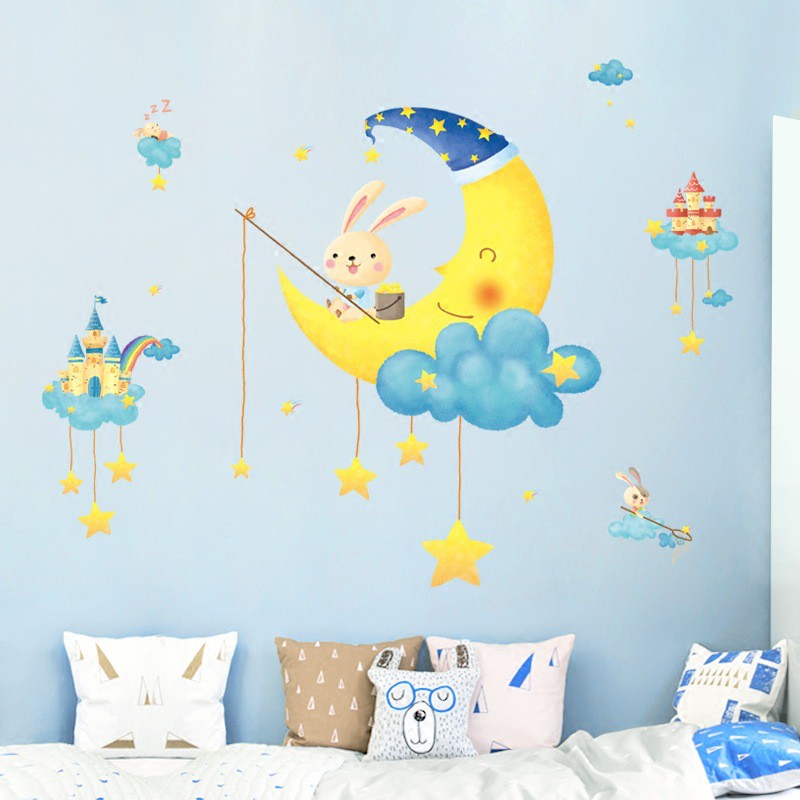 Decal dán tường trang trí phòng ngủ cho bé hình mặt trăng kích thước 126x97