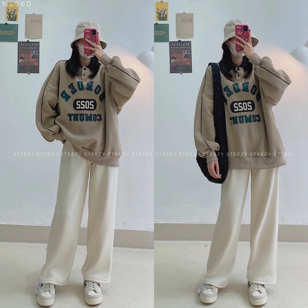 [N2960] Áo polo nỉ bông dày cổ bẻ cài cúc in chữ BORDER phối sọc tay form rộng (có sẵn/Ảnh thật)