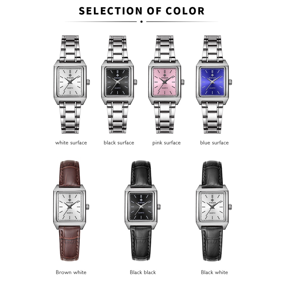 Đồng Hồ Quartz WWOOR Thiết Kế Mặt Vuông Chất Liệu Thép Không Gỉ Mạ Bạc Sang Trọng Cho Nữ-8850