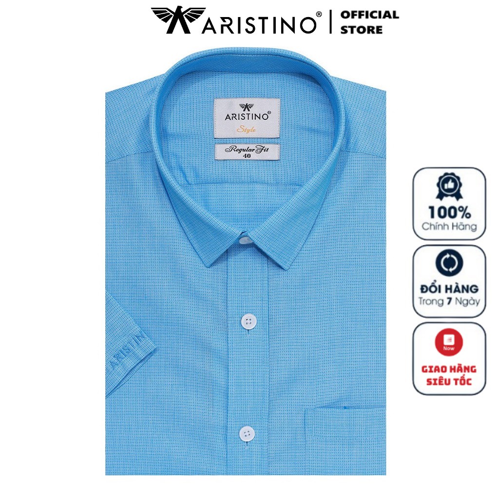 Áo Sơ Mi Nam Tay Ngắn Aristino ASS038S8 Màu Xanh Dệt Vuông Nhỏ Dáng Regular Fit Tà Bằng Vải Sợi Sồi