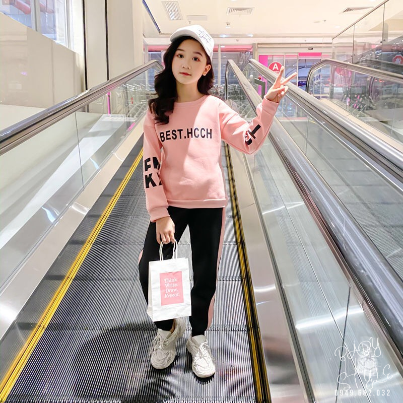 Bộ quần áo nỉ thu đông &quot;BEHT&quot; 14-45kg cho bé gái 4-15 tuổi. Vải da cá dày dặn. Ấm áp. G37