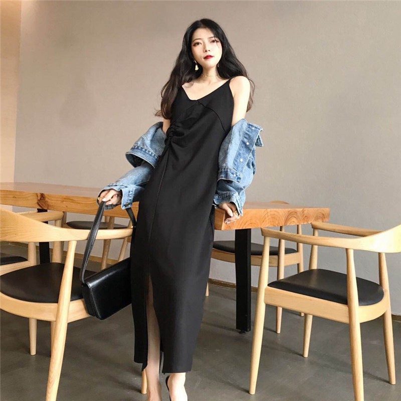 Váy Thun 2 Dây Xẻ Tà Dúm Sườn Ulzzang