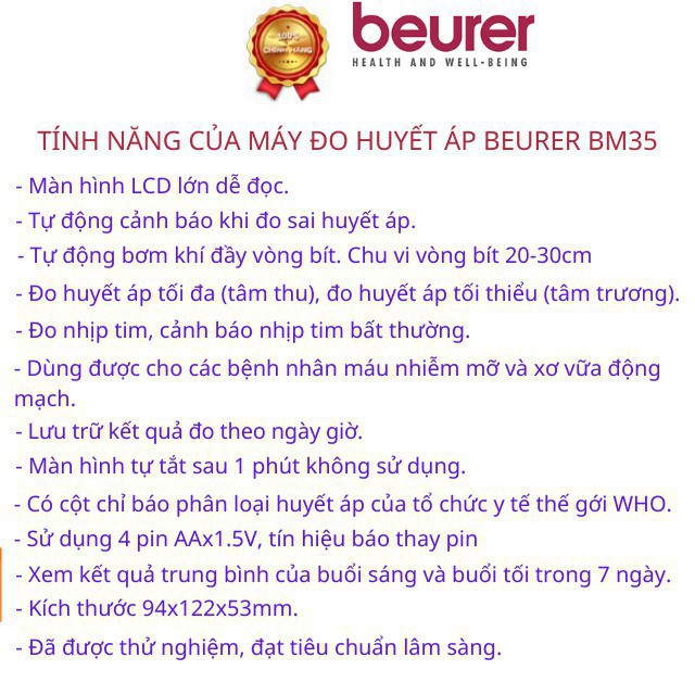 [NK Đức]Máy đo huyết áp bắp tay tự động Beurer BM35, hẹn giờ đo, lưu kết quả 4 người sử dụng