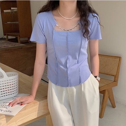 NZN Áo Thun Tay Ngắn Cổ Vuông Màu Sắc Đơn Giản Phong Cách Hàn Quốc Cho Nữ