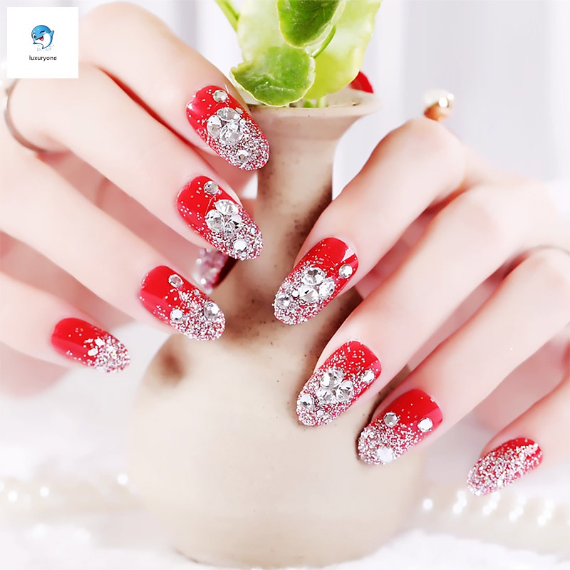 [Hàng mới về] Hộp 24 móng tay giả đính đá 3D lấp lánh cho cô dâu