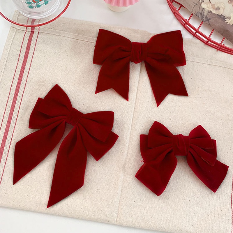 Kẹp tóc đính nơ vải nhung màu đỏ phong cách Trung Hoa thời trang cho nữ