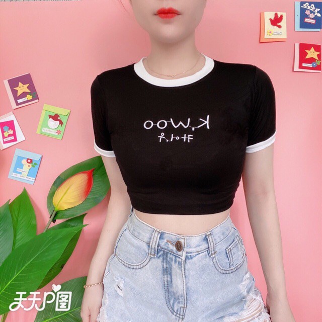 Áo Thun Croptop Thêu Chữ K WOO Viền Lai EVA AO 10431