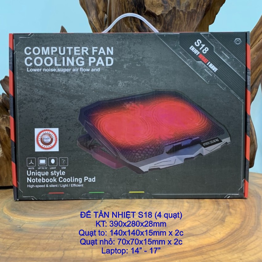 Đế Tản Nhiệt Cooling Pad S18 - 4 FAN Siêu Mát, Giải Nhiệt Cực Nhanh - CÓ ĐÈN LED - Full Box