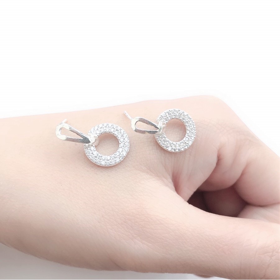 Bông tai bạc hình tròn to đính đá, chất liệu bạc ta sang trọng - Trang sức bạc Evasilver