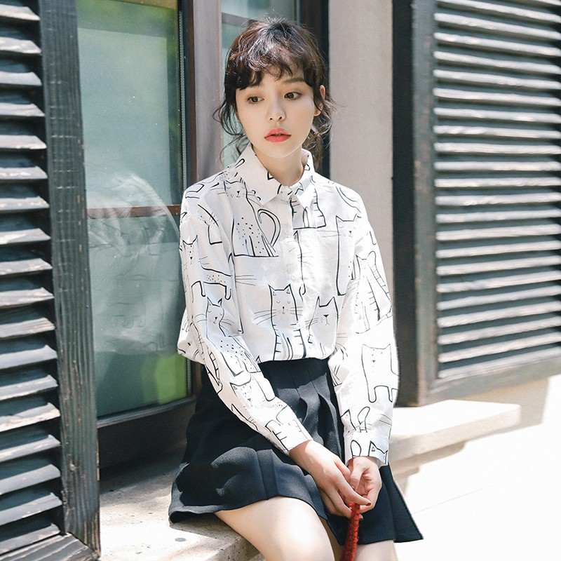 Áo sơ mi dài tay in họa tiết phong cách Hàn Quốc thời trang cho nữ