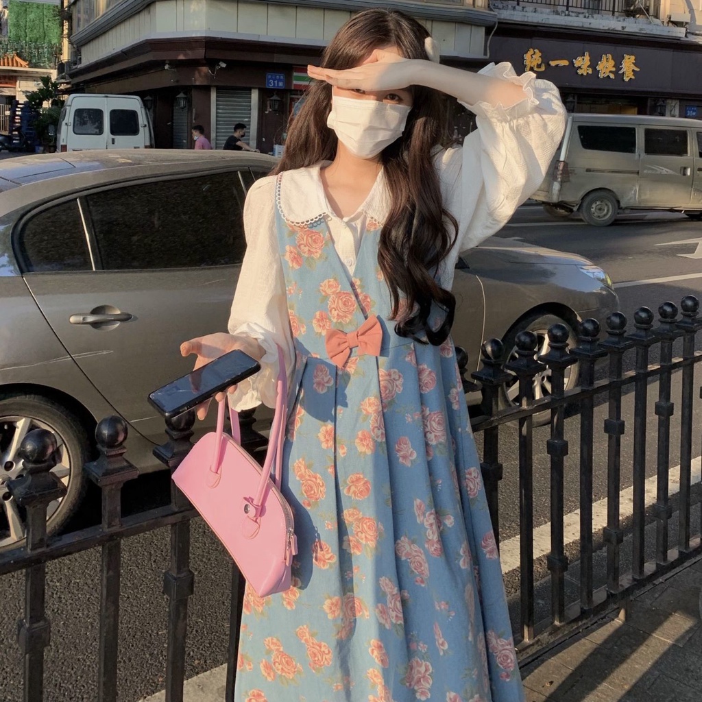 Set đầm hai dây in hoa và áo sơ mi tay phồng đáng yêu (có bán lẻ)