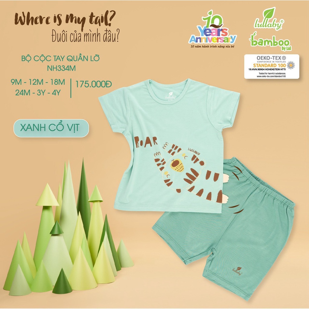 Bộ Lullaby cộc tay bamboo cao cấp mềm mịn thoáng mát thấm hút tốt in hình con vật quần lỡ cho bé trai bé gái NH334M