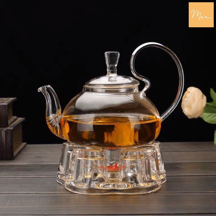 Ấm trà thủy tinh chịu nhiệt quai vồng 600ml, ấm thủy tinh pha trà hoa cúc