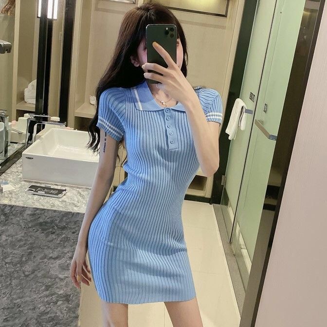 Váy Đầm Ôm Body Cổ Bẻ Viền Sọc Tay Ngắn | Smide Colthing