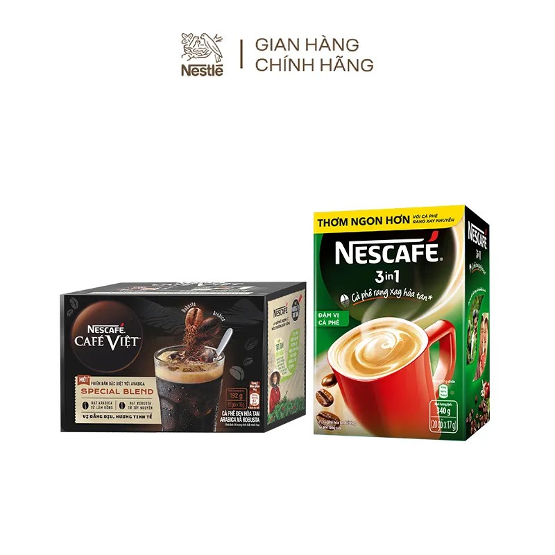 Combo Nescafé: 1 hộp rang xay 3in1 đậm vị cà phê(20 gói x 17g)+1 hộp café Việt đen hòa tan Arabica&amp;Robusta(12 gói x 16g)