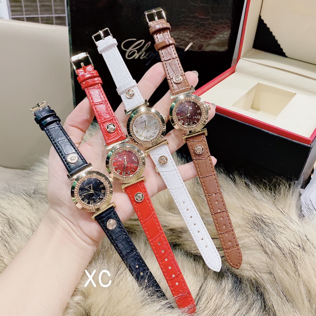 Đồng Hồ Nữ Cao Cấp, Đồng Hồ Đeo Tay Thời Trang VERSACE Dây da mặt Viền Thép Chống Nước