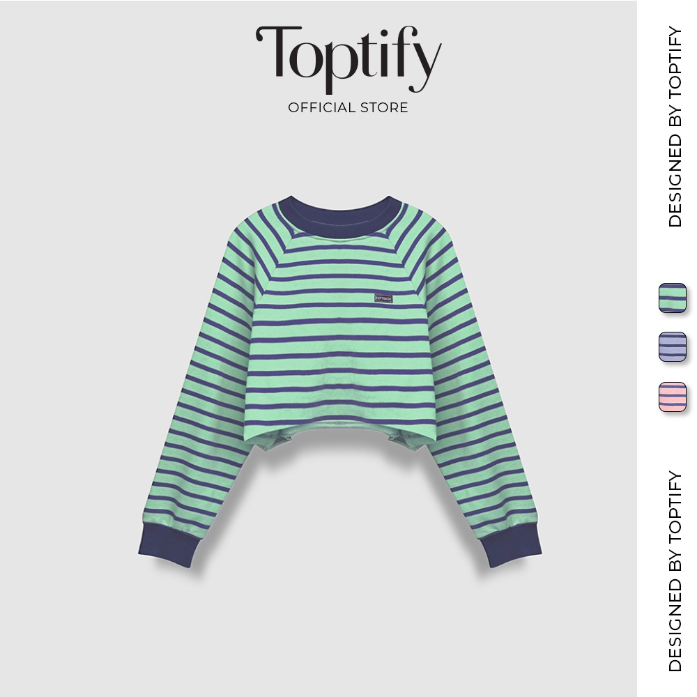 Áo sweater lửng TOPTIFY kẻ sọc đính logo chất cotton cua dày dặn Greater Power Top