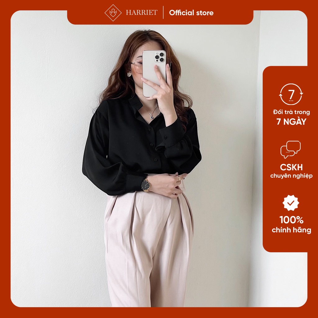 Áo sơ mi nữ đen cổ tàu lộ cúc Emily Harriet
