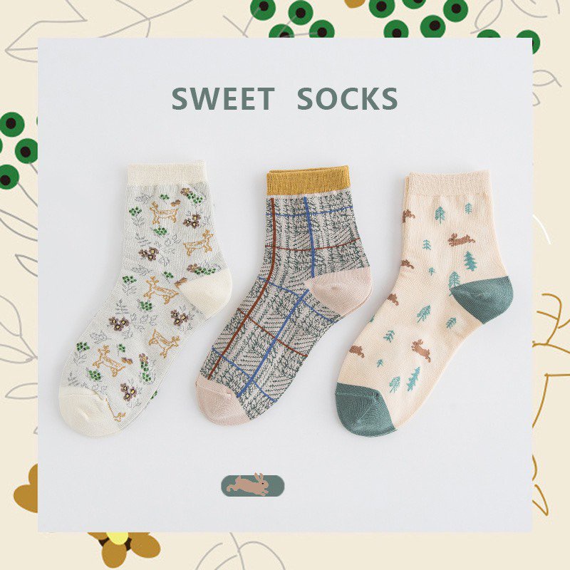 Set 3 đôi tất cổ cao Bivota vớ nữ cotton thu đông họa tiết siêu xinh T103