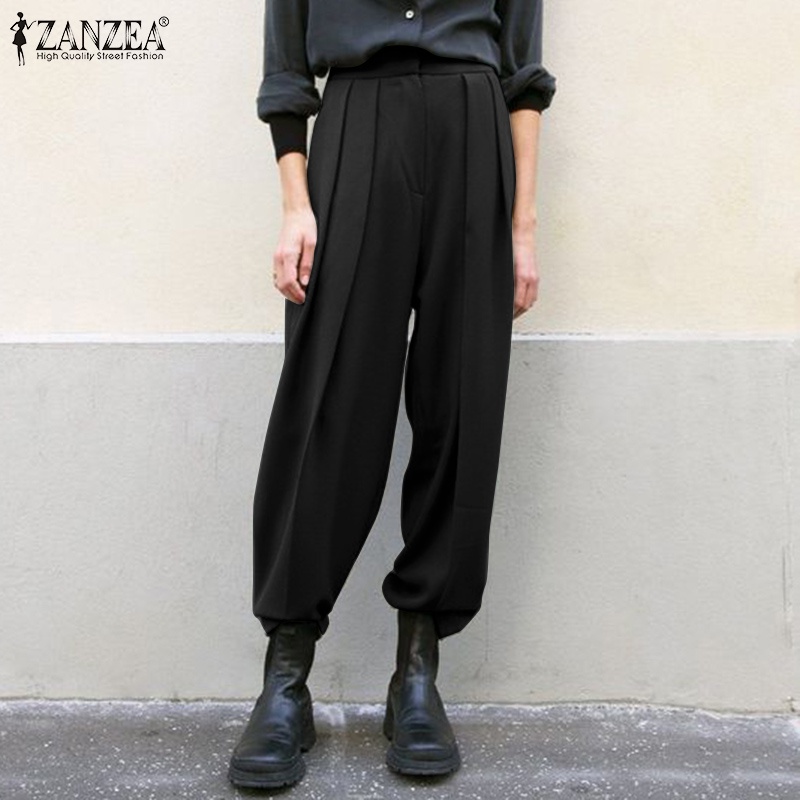 Quần dài ZANZEA lưng thun có túi màu trơn phong cách retro thời trang cho nữ