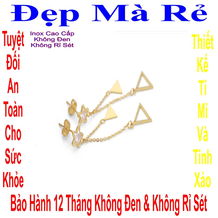 Bông tai màu vàng đẹp cho nữ kiểu ngôi sao tòn ten 2 hình tam giác đặc & rỗng - Cam kết 1 đổi 1 nếu hoen, gỉ sét